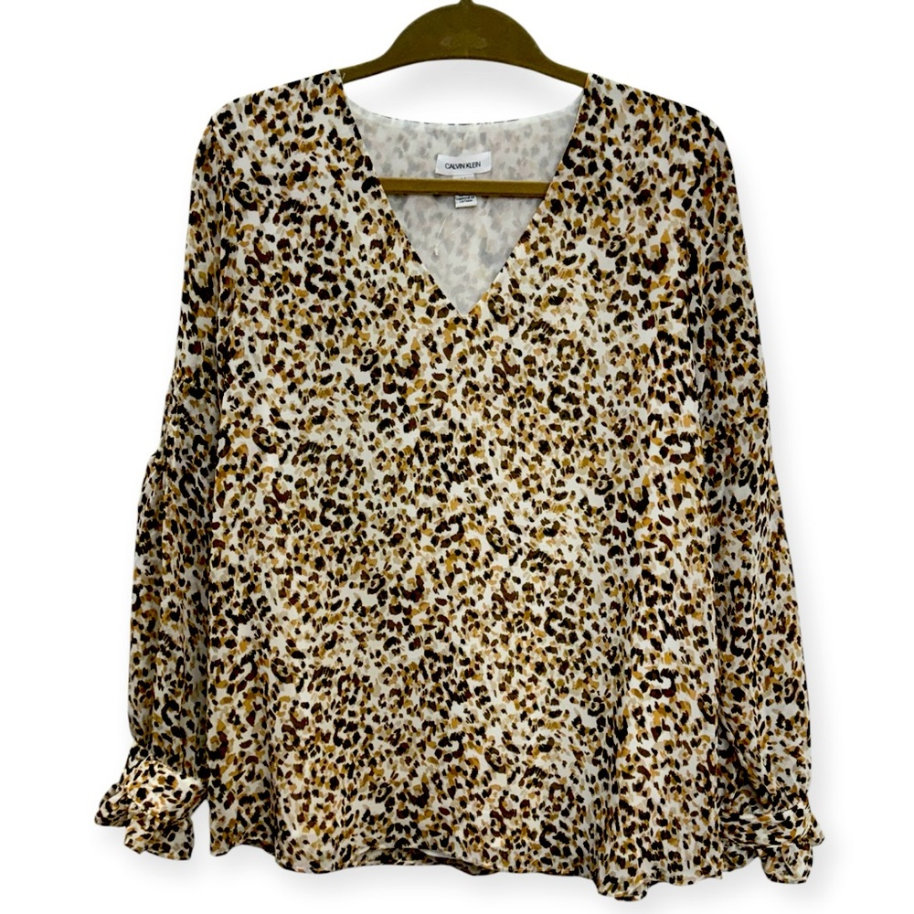 Calvin Klein Women’s Animal Print V-Neck Tunic Blouse Size L *2159
